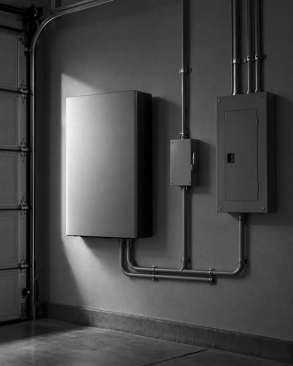 A home battery on a garage wall with neat conduit.