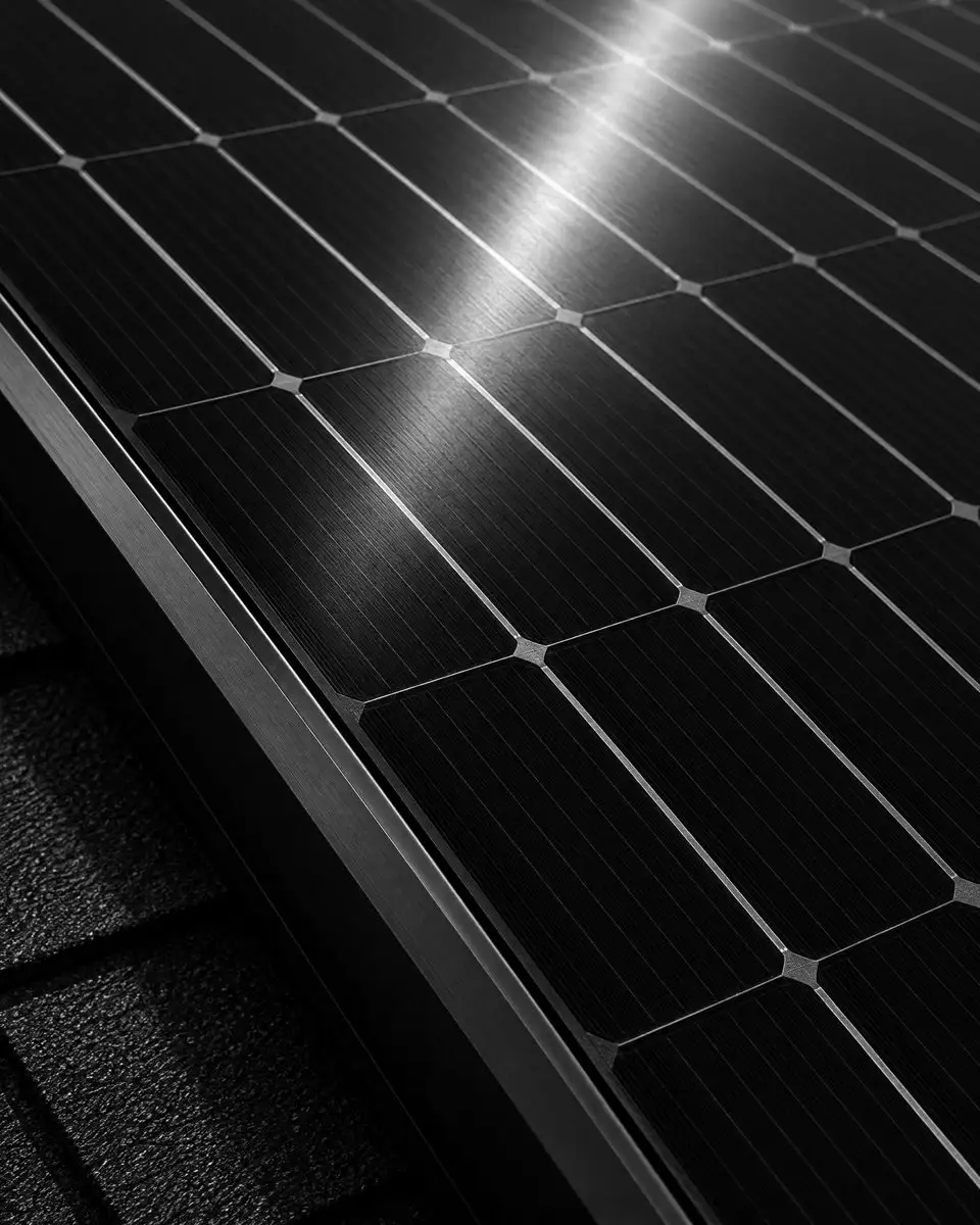 Close-up of an all-black solar panel.