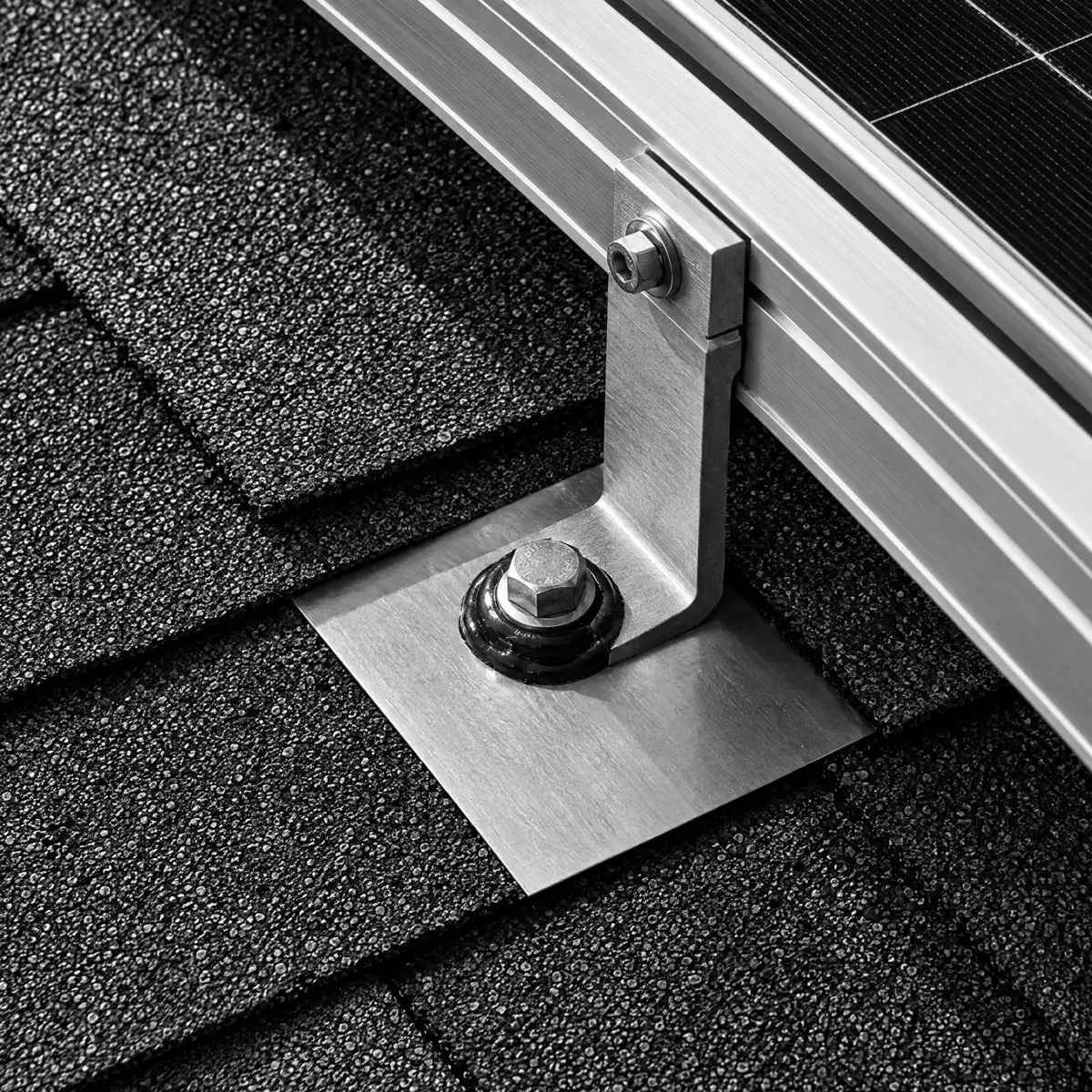 A roof mount with metal flashing and sealant.