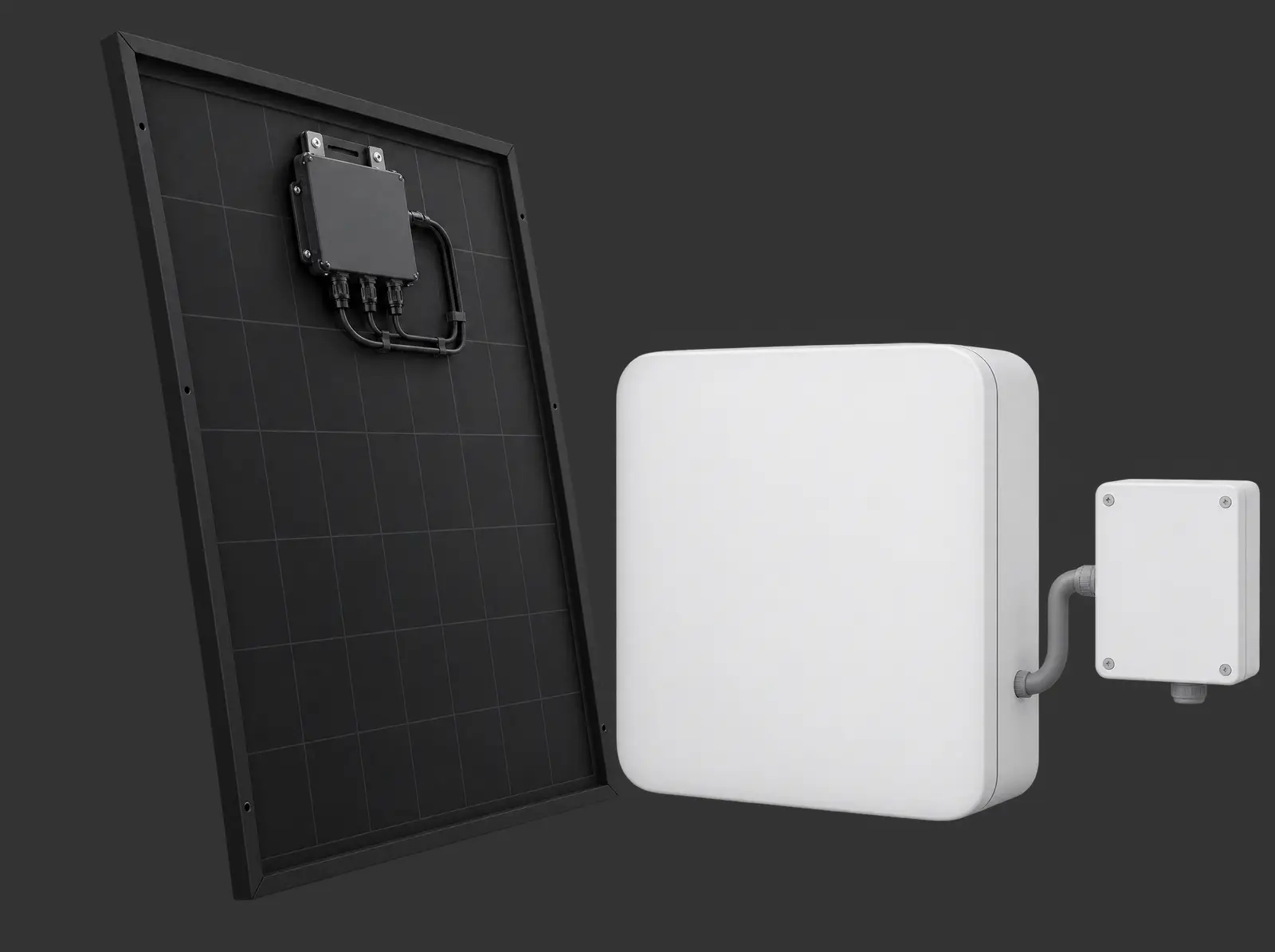 A black solar panel with a microinverter on its back, a small white home battery and a controller box.