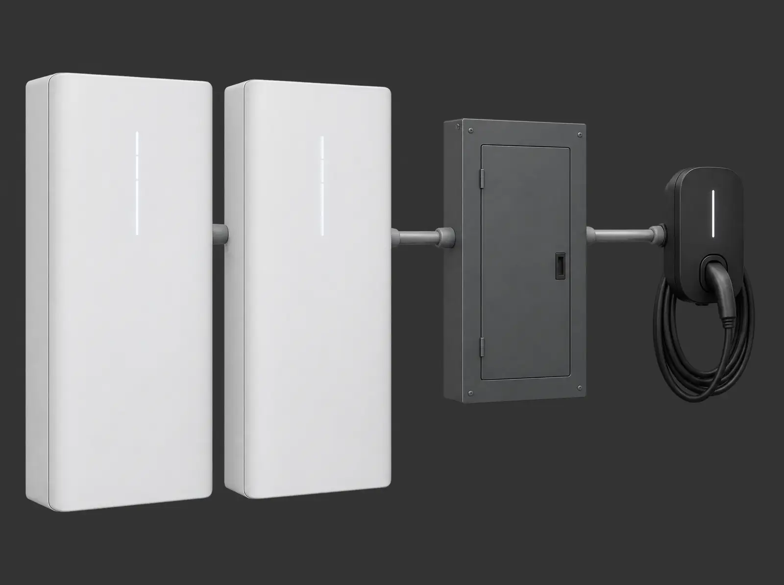 Two white home batteries, a smart electrical panel and an EV charger.